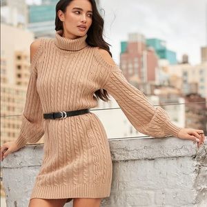 Wonders of Winter Taupe Cable Knit Cold-Shoulder Sweater Dress
